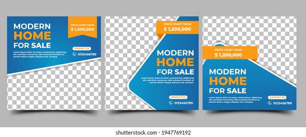 Home sale promotion social media post template. Promotion banner with blue background and orange accent color and with place for the photo. Usable for social media, flyers, banners, and website.