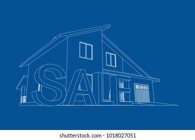 Home For Sale. Real estate concept. 3D vector architectural blueprint.