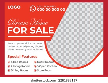 home for sale or rent flyer or banner template design with photo and text placement, professional eye-catchy colorful design. Standard for web page banner and social media, horizontal vector layout.