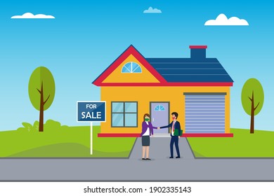 Home for sale vector concept. Businessman wearing face mask and handshaking with female buyer to buy his home