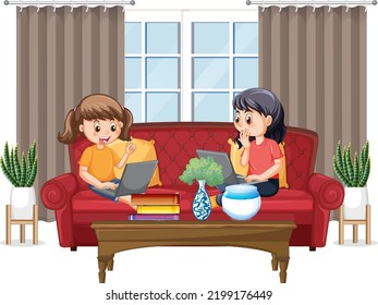 At home scene with children using their laptops illustration