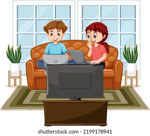At home scene with children using their laptops illustration