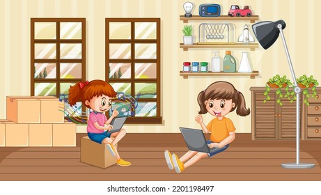 Zu Hause mit Kindern, die ihre Laptop-Illustration benutzen
