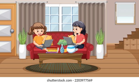 At home scene with children using their laptops illustration