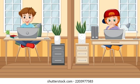 At home scene with children using their laptops illustration