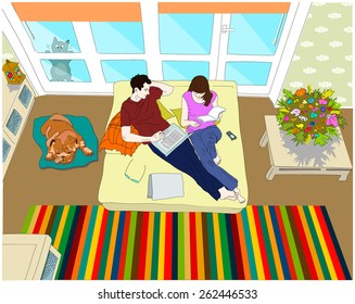 Home scene of a couple on the sofa reading, dog on the floor sleeping, cat outdoors looking through the window