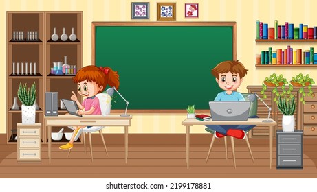 At home scene with kids using their laptops illustration