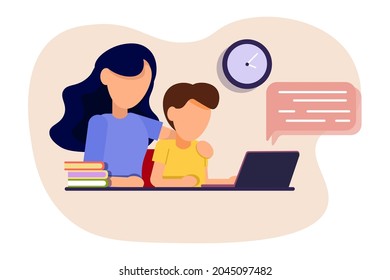 Home school. Distance school. Education. Parents help with school. Flat vector illustration.	