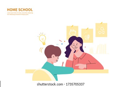 Home School Education. Mother Teaching A Kid At Home. Kid Seats At Table And Learning At Home. At-home Learning.  Flat Cartoon Vector Illustration.