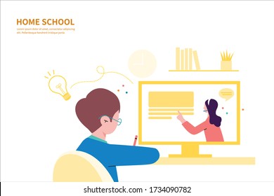 Home school education or online education. A Kid seats at table and learning at home.E-learning.  Flat cartoon vector illustration.