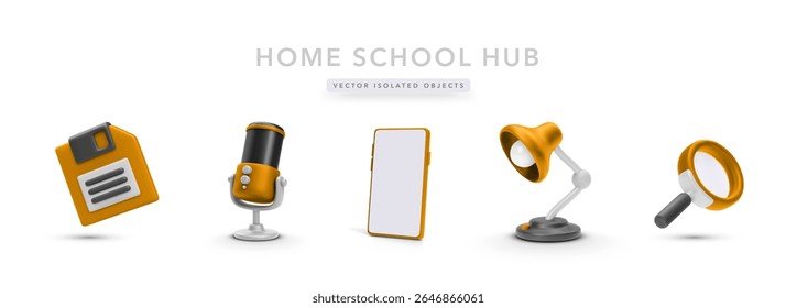 Home School Essentials With Microphone, Smartphone, Desk Lamp, Magnifier, And Floppy Disk Icon. Ideal For E-Learning, Remote Study, Or Podcasting Projects. Editable Vector Illustration Format.