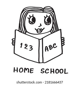 Home School , Girl holding the book learning at home , cartoon doodle hand draw