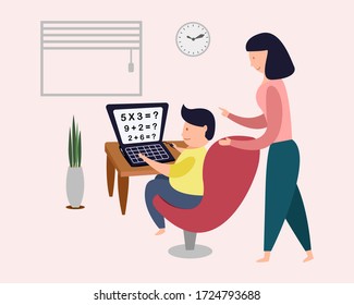 Home school online education concept. kid learning online training class. vector illustration