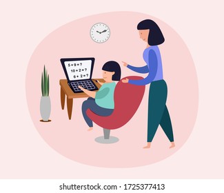 Home school online education concept. kid learning online training class. vector illustration