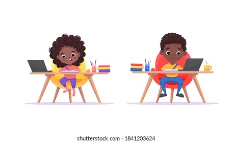 Home school or online learning concept. Afro-American kids studying online at home. Use for web banner, website, mobile app. Flat cartoon vector illustration isolated on white background.