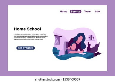 home school or home study flat design illustration. online learning illustration with woman and kid cartoon character and study room view for landing page, web, mobile, app, banner, poster, flyer.