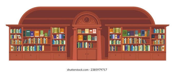 Home or school, university or college library with books an publications. Shelves with textbooks and encyclopedia for studying and learning new. Students hall for classes. Vector in flat style