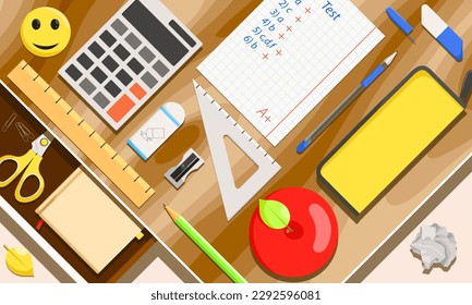 Home or school workplace with desk, stationery items. Student accessories on table, ruler, pencil, notebook, paper notes and red apple. Cartoon style poster back to school concept. Vector illustration