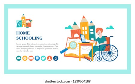 Home schooling. The boy is a disabled person in a wheelchair gets his education at home. Learning online. Vector illustration. The template of the landing page. The concept of homeschoolinn.