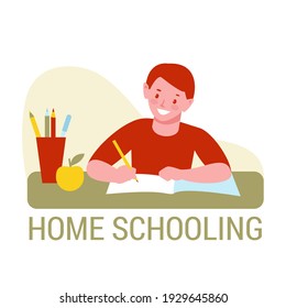 Home schooling. Child boy doing homework, writes in a notebook. Vector illustration in flat cartoon style. Isolated on a white background.