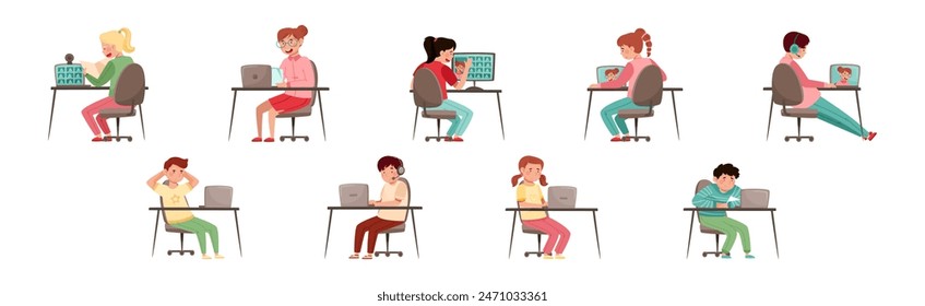 Home Schooling with Children at Desk with Computer Vector Set
