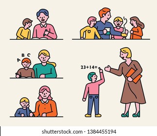 Home schooling with children studying and kind teachers. flat design style minimal vector illustration