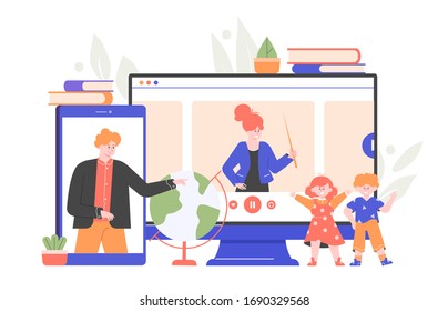 Home schooling. Children watch a lesson online. Girl and boy are listening to teachers from a computer and smartphone. Vector flat illustration