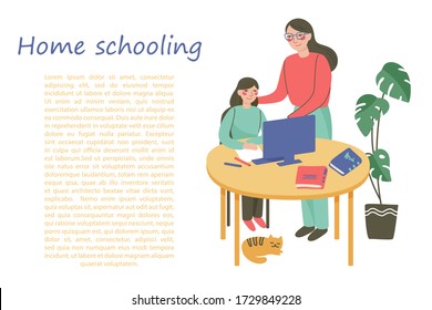 Home schooling concept. Children at home with computer and parent teaches getting education. Educate online. Mom with a child are sitting at the table. Vector illustration in cartoon flat style