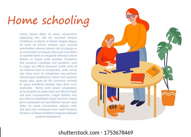 Home Schooling Concept. Children At Home With Computer And Parent Teaches Getting Education. Educate Online. Mom With A Child Are Sitting At The Table. Vector Illustration In Cartoon Flat Style