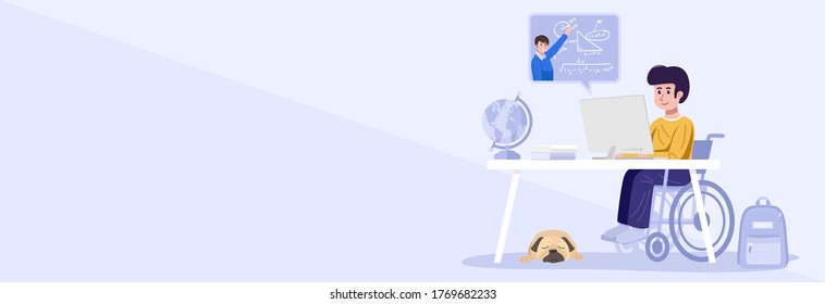 Home schooling concept. Disabled kid learning with computer from home. Vector