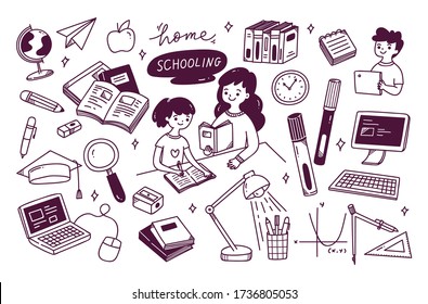 Home schooling concept doodle vector illustration