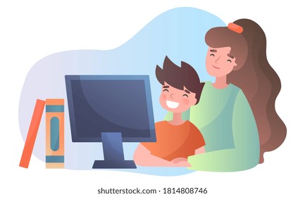 Home schooling concept. Mother teaching her smiling happy young son online seated in front of a computer monitor, colored vector illustration