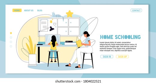 Home schooling. Distance education. E-learning for kid. Schoolgirl get knowledge online. Mother help daughter to study on computer. Web course. lesson or tutorial, software for learning. Landing page