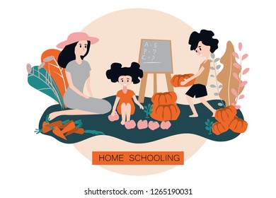 Home schooling. Education apps. A boy and a girl together with their mother harvest vegetables and learn math, counting, multiplication. Training and development of children in homeschool.
