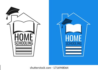 Home schooling, home education, homeschooling online concept logo, icon, sign, symbol on white and blue background. Quarantine in school, collage, university. Vector illustration