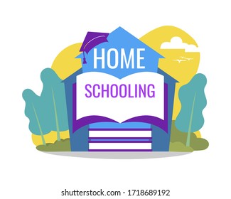 Home schooling, home education, homeschooling online concept scene. Quarantine in school, collage, university. Book in house and text home schooling. Vector illustration