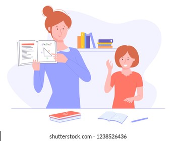 Home schooling, effective learning, inquisitive child. Mom or tutor is holding a math textbook. The girl raises her hand to answer questions. Vector illustration.