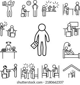 Home schooling, failed icon in a collection with other items