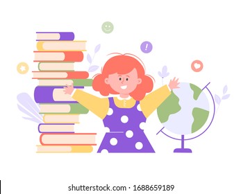 Home schooling or first time in first grade. Cheerful little girl with books and a globe is ready to study. Vector flat illustration.