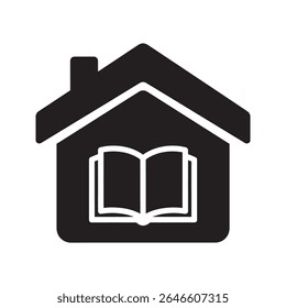 Ícone de educação domiciliar com um livro dentro de uma casa representando estudar em casa para educação a distância e completar tarefas de casa vetor ícone de glifo sólido