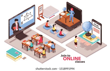 Home schooling isometric composition with online classes symbols  isolated vector illustration