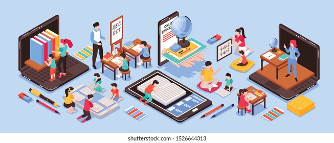 Home schooling isometric narrow set with online education symbols isolated vector illustration