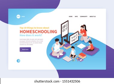 Home schooling isometric page design with online education symbols vector illustration