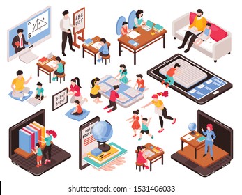 Home schooling isometric set with family and education symbols isolated vector illustration