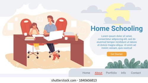 Home schooling landing page. Study process on quarantine organization. Online education service. Video lesson for pupil. Mom help kid learn. Woman tutor teaching girl student in comfortable condition