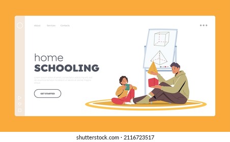 Home Schooling Landing Page Template. Parent or Teacher and Boy Characters Learning Geometric Shapes Together. Father and Little Son Kid Learn Classes at Home. Cartoon People Vector Illustration