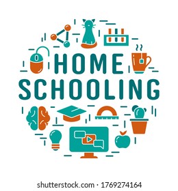 Home schooling lettering. Distance learning or self-study concept. Color round poster. Cutout silhouette illustration of online children's education. Flat isolated vector icon set, white background