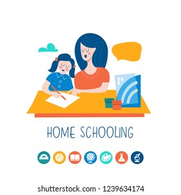 Home schooling. Mom helps the child learn. Education in comfortable conditions. Set of vector icons. Vector illustration in flat style.