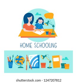 Home schooling. Mom helps the child learn. Education in comfortable conditions. Set of vector icons. Vector illustration in flat style.