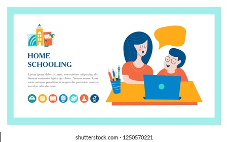 Home schooling. Mom helps the child learn. Education in comfortable conditions. The template of the landing page. Vector illustration in flat style. Set of vector icons.